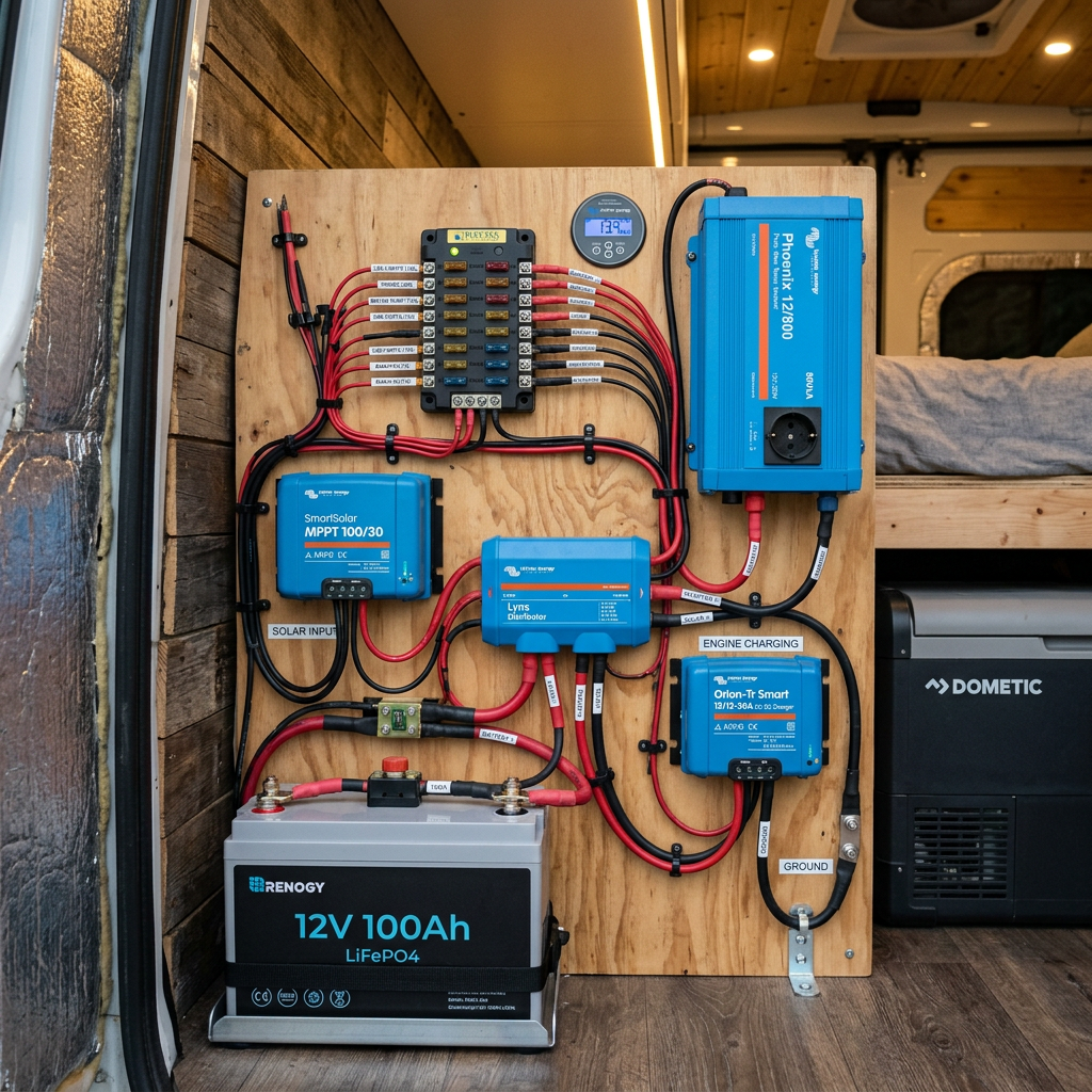 Van solar power setup with battery, charge controllers, inverter, and fuse panel