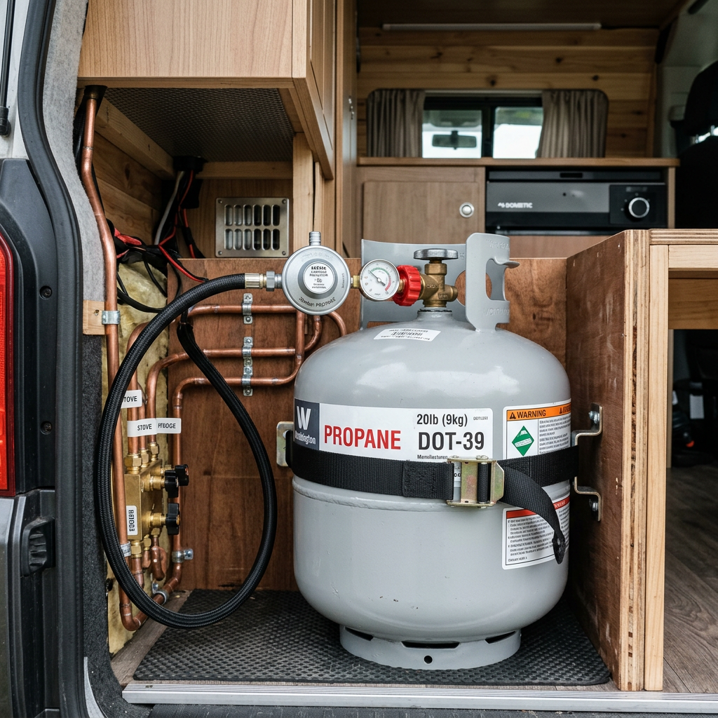 20lb propane tank connected to gas lines inside a camper van kitchen