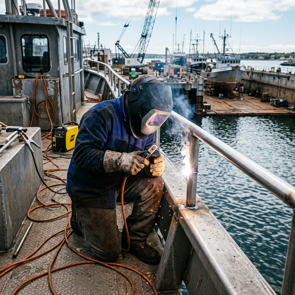 Welder kneeling and welding metal railing on ship deck by water